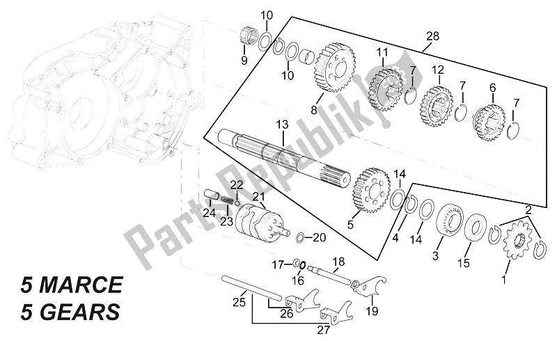 Alle onderdelen voor de Aangedreven As - 5 Versnellingen van de Aprilia RS 50 1996