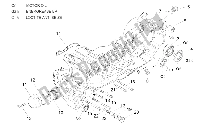 All parts for the Central Semi-crankcase of the Aprilia Leonardo 125 150 1999