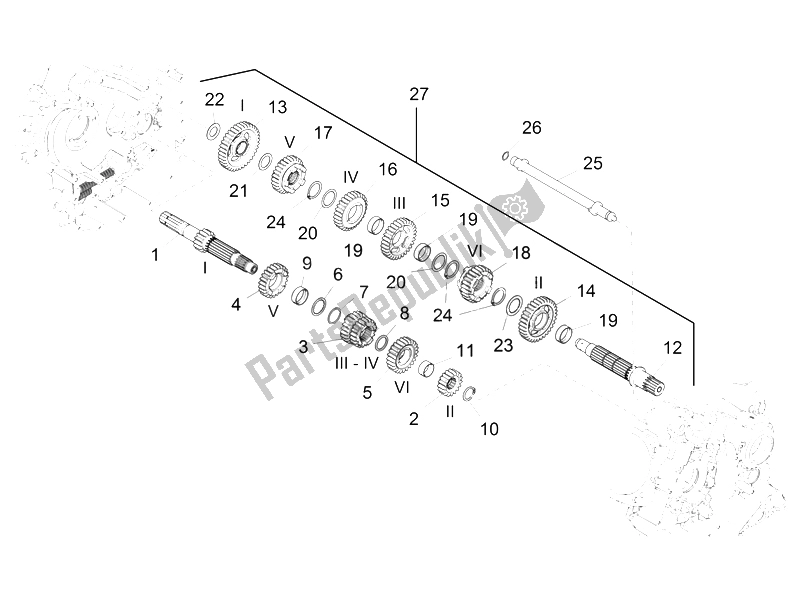 All parts for the Gear Box - Gear Assembly of the Aprilia Caponord 1200 Carabinieri 2015