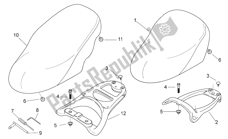 Todas las partes para Asiento - Portador de Aprilia Scarabeo 50 2T E2 ENG Piaggio 2010