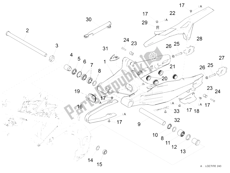 All parts for the Swing Arm of the Aprilia Caponord 1200 Carabinieri 2015