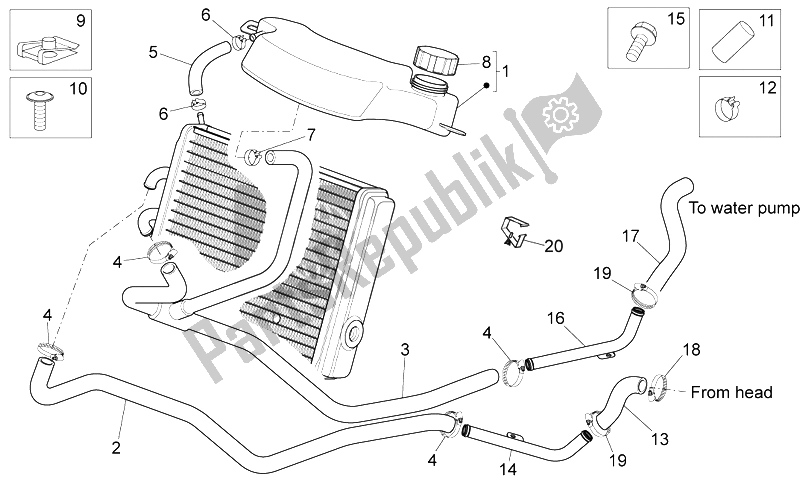 All parts for the Cooling System of the Aprilia Sport City Street 125 4T 4V E3 2012