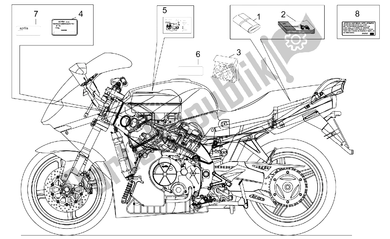 Alle onderdelen voor de Plaat Set-decal-op. Handboeken van de Aprilia RST 1000 Futura 2001