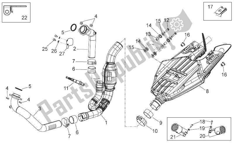 All parts for the Exhaust Unit of the Aprilia Shiver 750 EU 2014