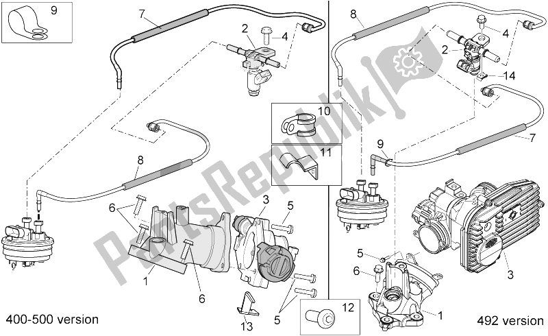 Alle onderdelen voor de Gasklephuis van de Aprilia Scarabeo 400 492 500 Light 2006