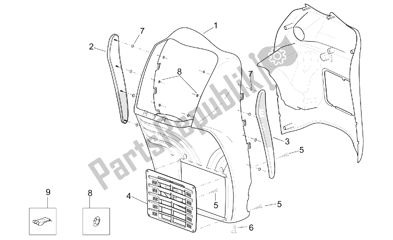 Toutes les pièces pour le Corps Avant - Bouclier Avant du Aprilia Scarabeo 125 200 E2 ENG Piaggio 2003