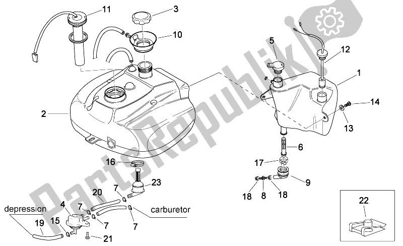 All parts for the Oil And Fuel Tank of the Aprilia Scarabeo 50 2T E2 ENG Piaggio 2005