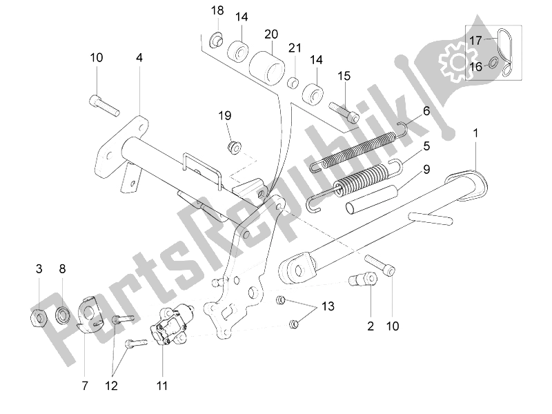 All parts for the Central Stand of the Aprilia RS4 50 2T 2014