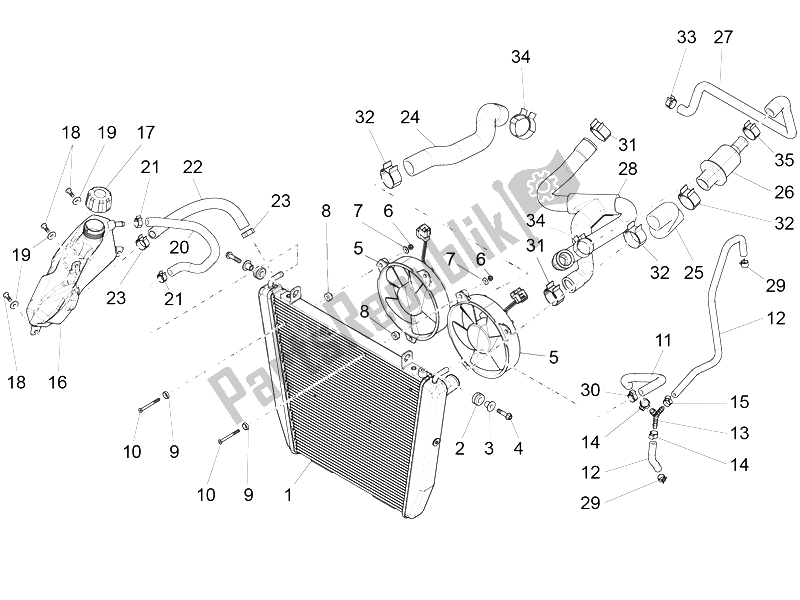 All parts for the Cooling System of the Aprilia Caponord 1200 Carabinieri 2015