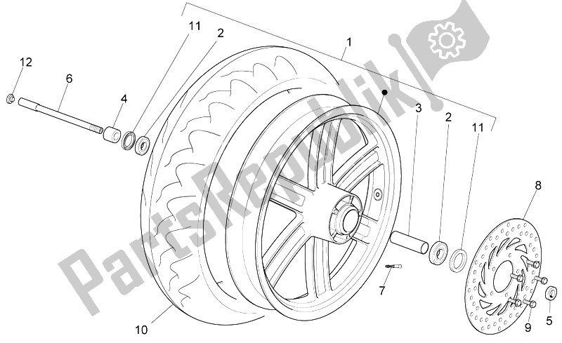 All parts for the Front Wheel of the Aprilia Sport City Street 125 4T 4V E3 2012