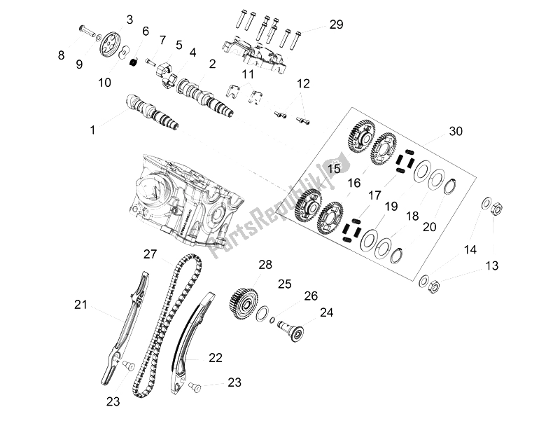 Alle onderdelen voor de Achterste Cilinder Timing Systeem van de Aprilia Caponord 1200 Rally 2015