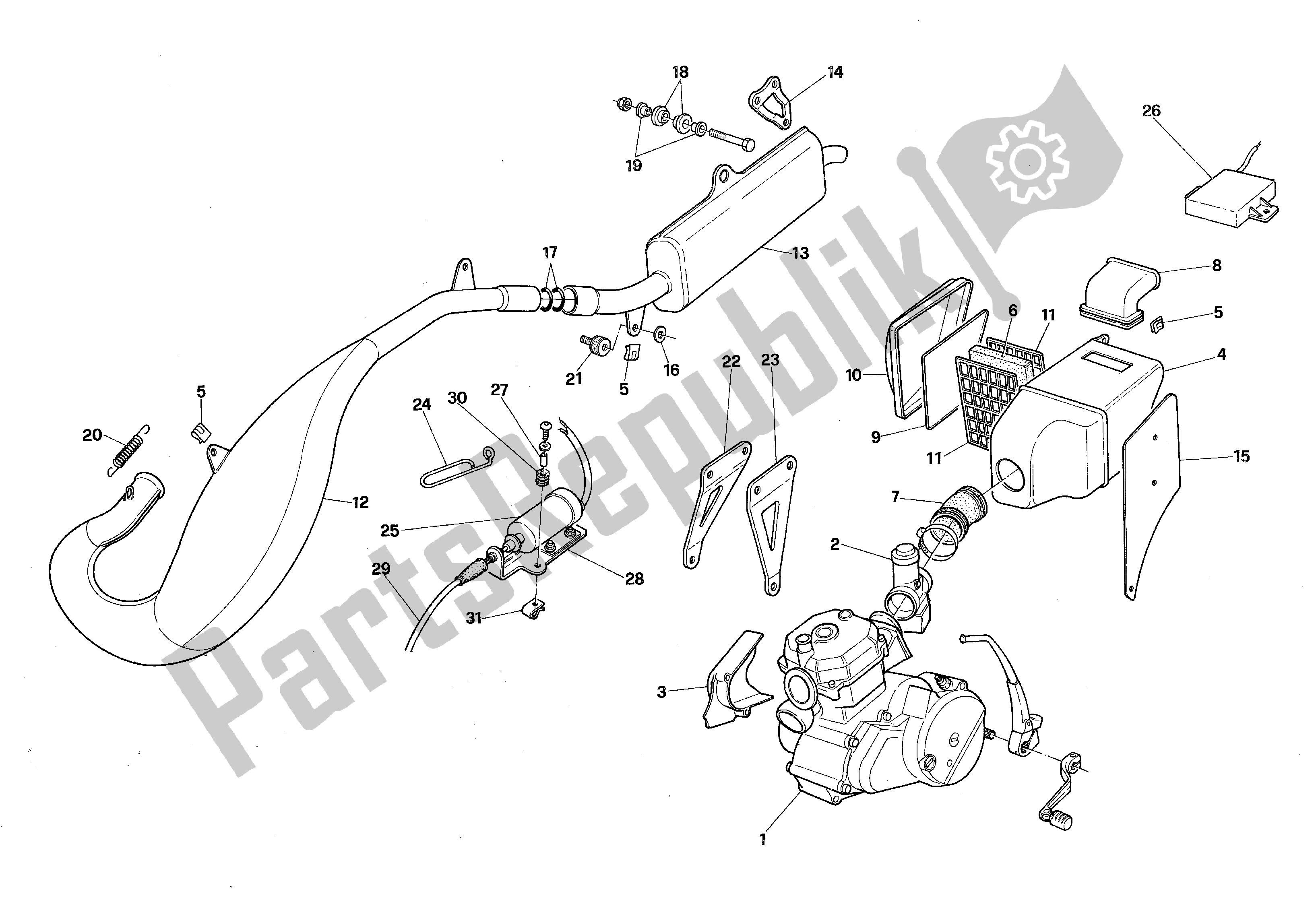 All parts for the Exhaust Assembly of the Aprilia RX 125 1989