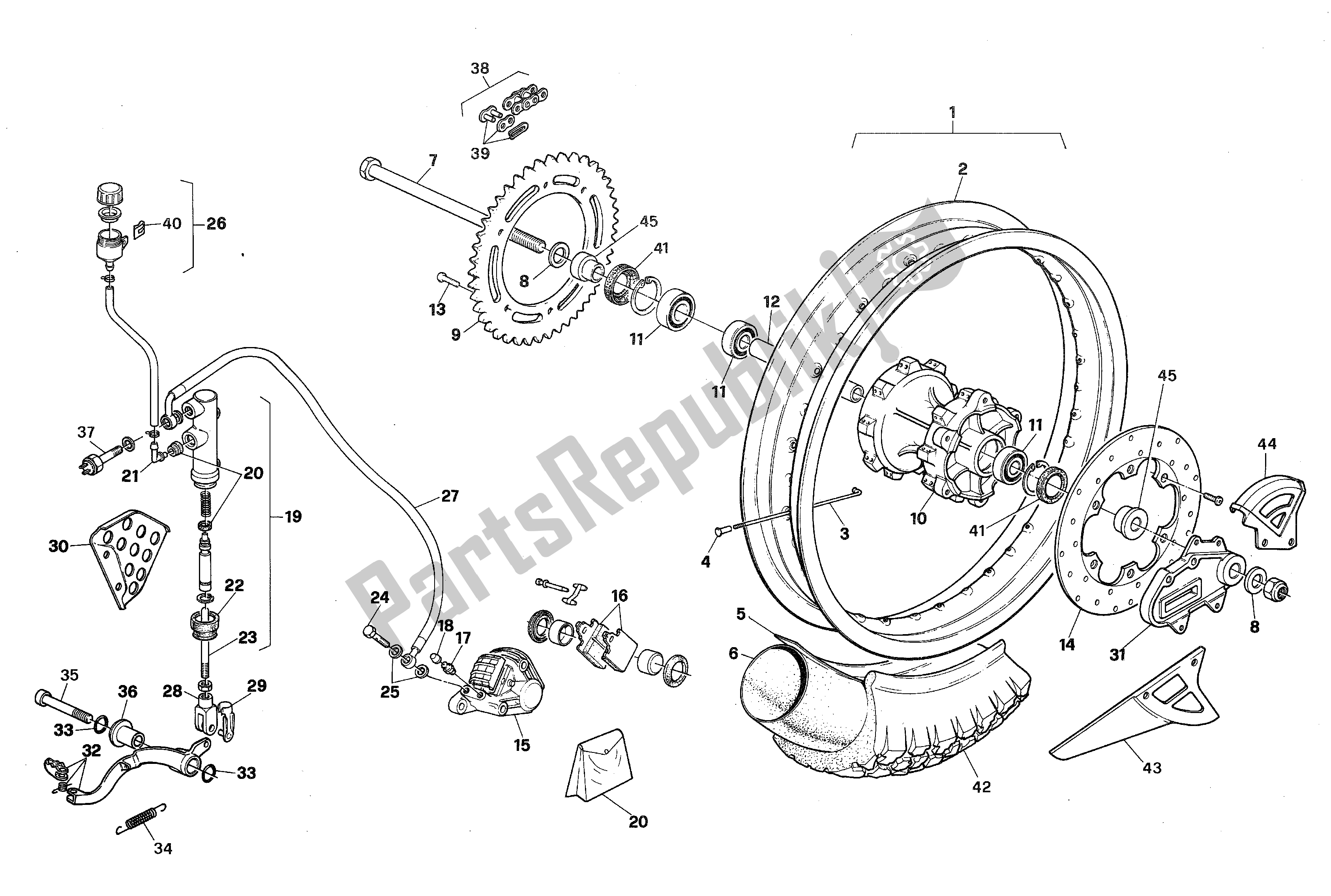 All parts for the Rear Wheel of the Aprilia RX 125 1989