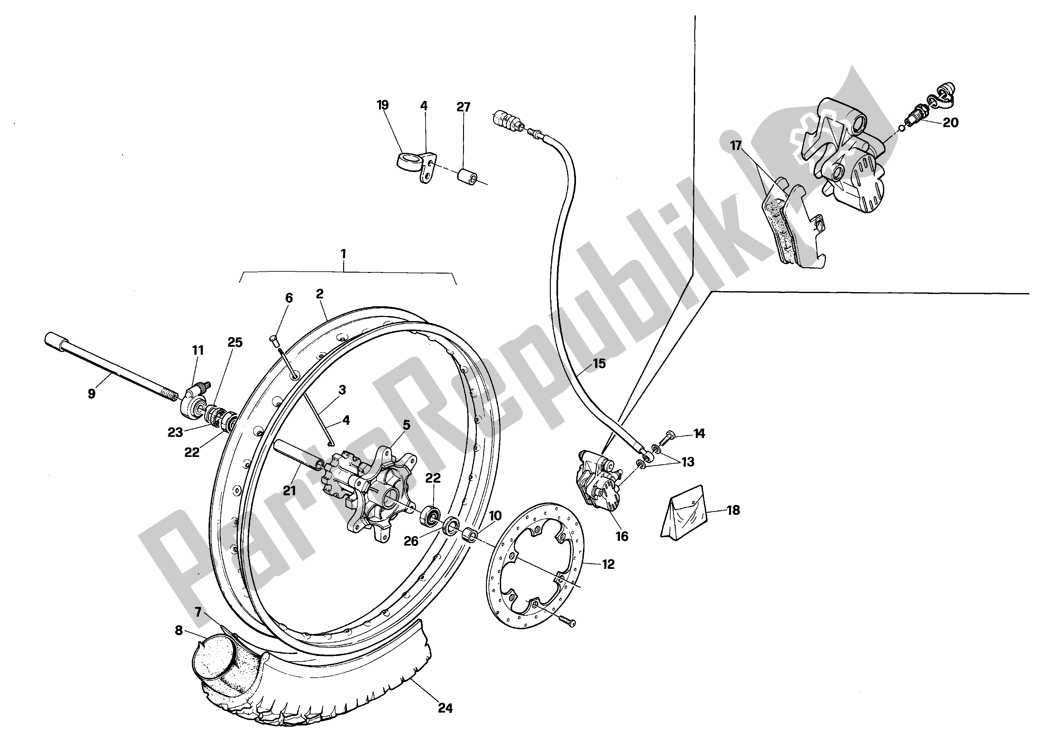 All parts for the Front Wheel of the Aprilia RX 125 1991