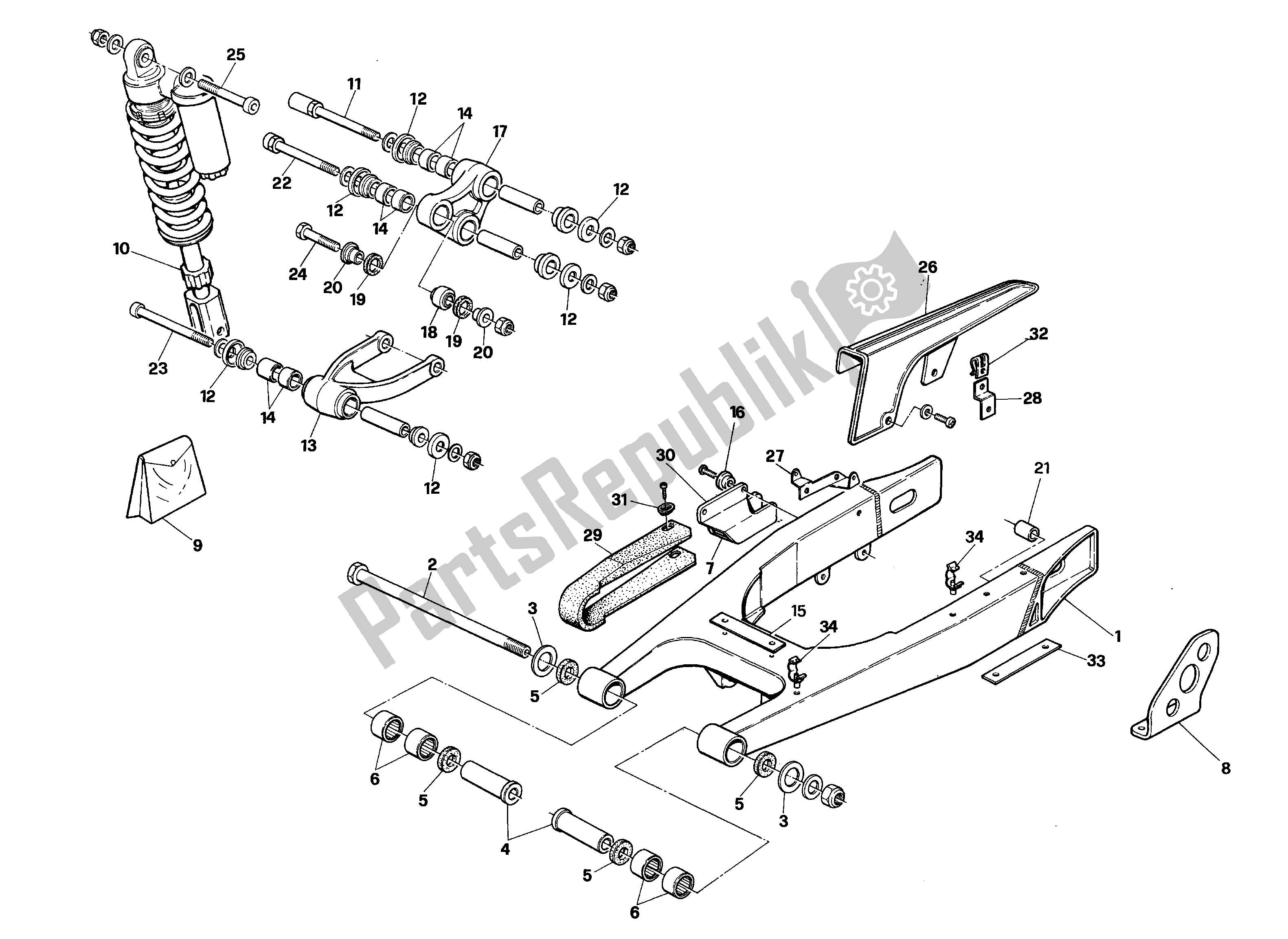 Alle onderdelen voor de Achtervork En Vering van de Aprilia RX 125 1989 - 1993