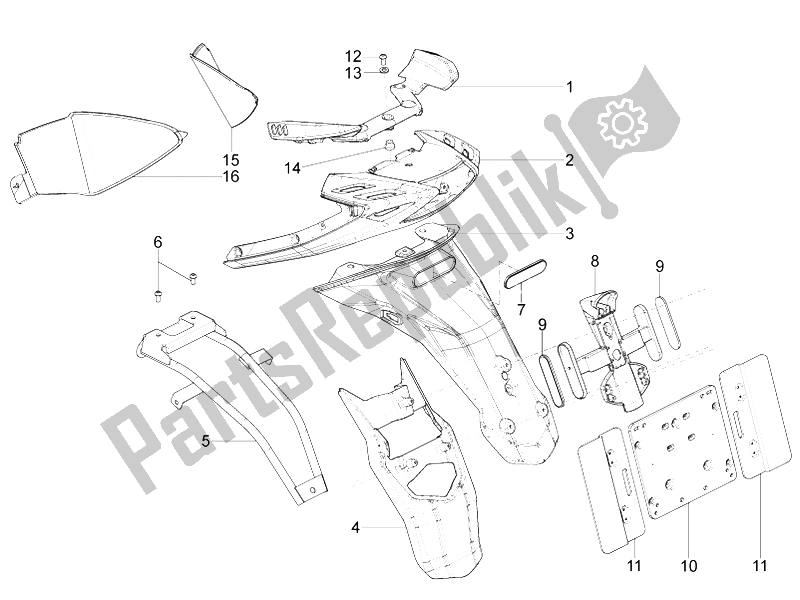 Alle onderdelen voor de Achterklep - Spatscherm van de Aprilia SR Motard 125 4T E3 2012