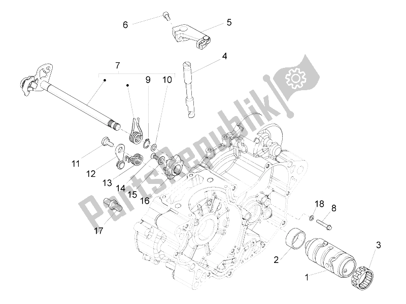 All parts for the Gear Box / Selector / Shift Cam of the Aprilia RS4 125 4T 2014