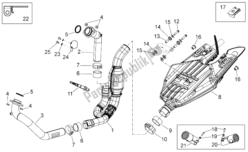 Alle onderdelen voor de Uitlaateenheid van de Aprilia Shiver 750 PA 2015