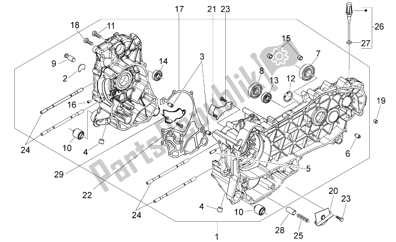 All parts for the Crank-case of the Aprilia Mojito 125 E3 2008