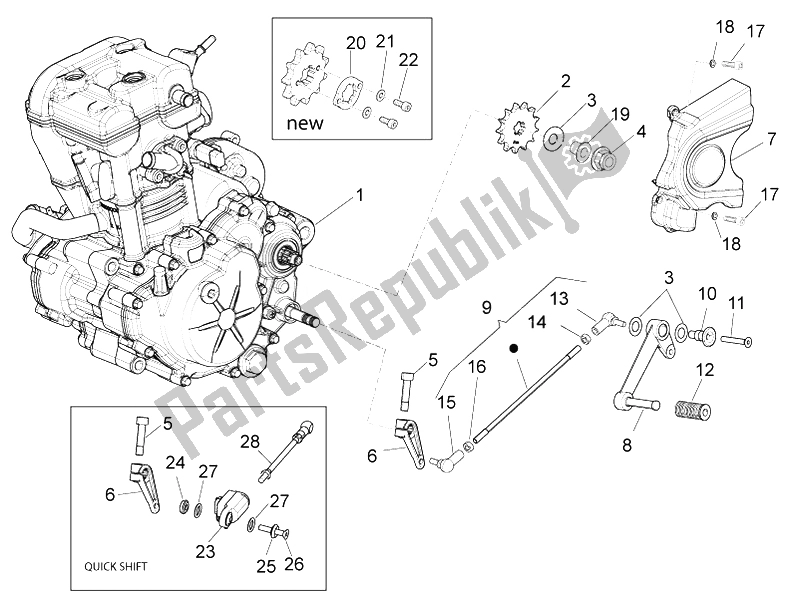 Alle onderdelen voor de Motor-completerende Deel-hendel van de Aprilia RS4 125 4T 2011