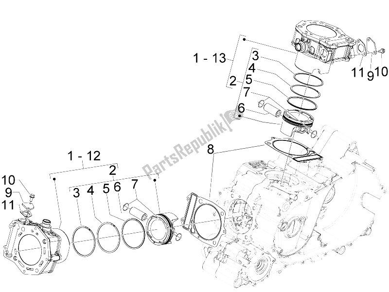 All parts for the Cylinder-piston-wrist Pin Unit of the Aprilia SRV 850 4T 8V E3 2012