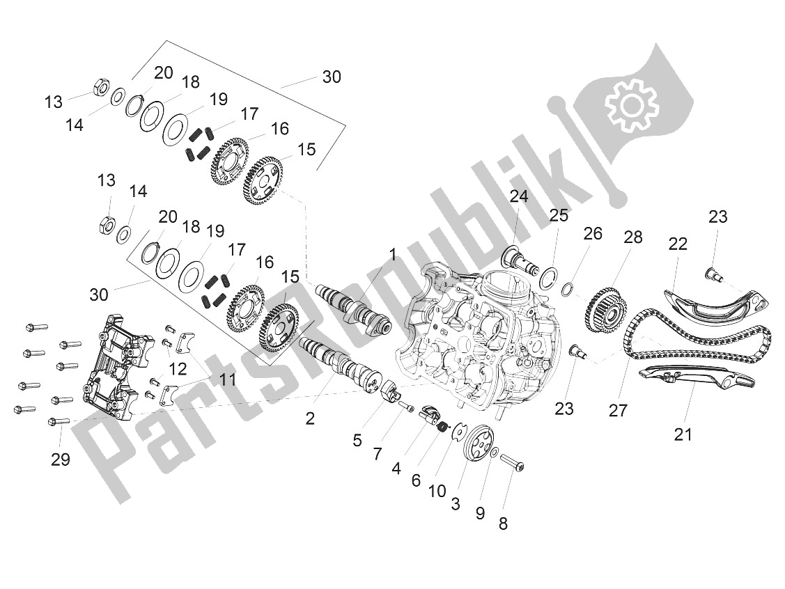 Alle onderdelen voor de Voorste Cilinder Timing Systeem van de Aprilia Caponord 1200 EU 2013