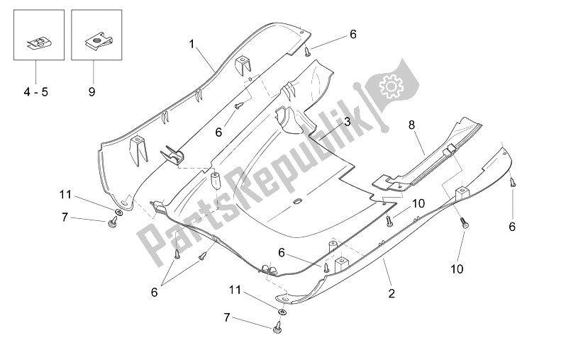 Toutes les pièces pour le Corps Central - Panneau Inférieur du Aprilia Mojito 125 E3 2008