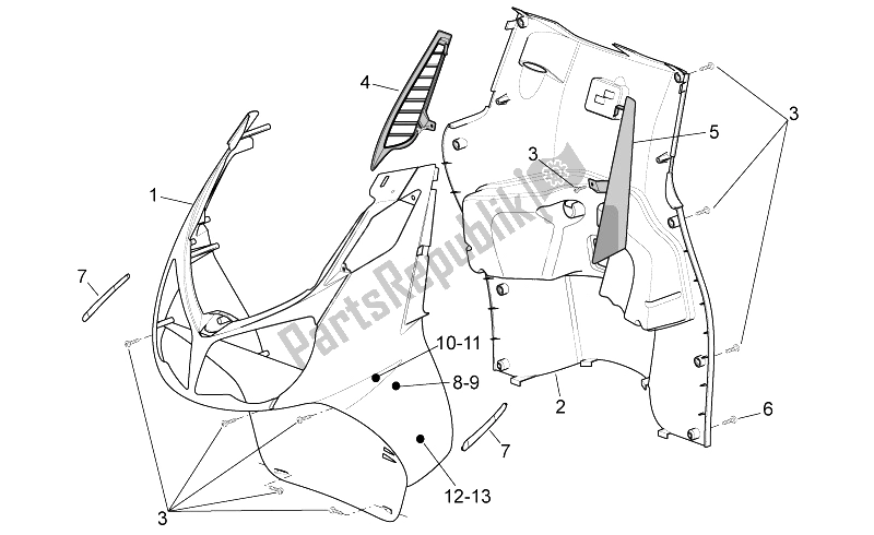 All parts for the Front Body - Internal Shield of the Aprilia Sport City Cube 125 200 Carb E3 2008