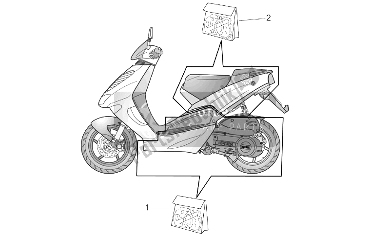 Alle onderdelen voor de Centraal En Achterlichaam Sticker van de Aprilia SR 50 H2O IE Carb 2003