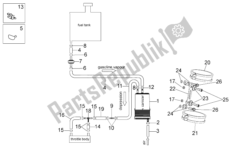 All parts for the Fuel Vapour Recover System of the Aprilia Tuono V4 1100 Factory USA CND 2016