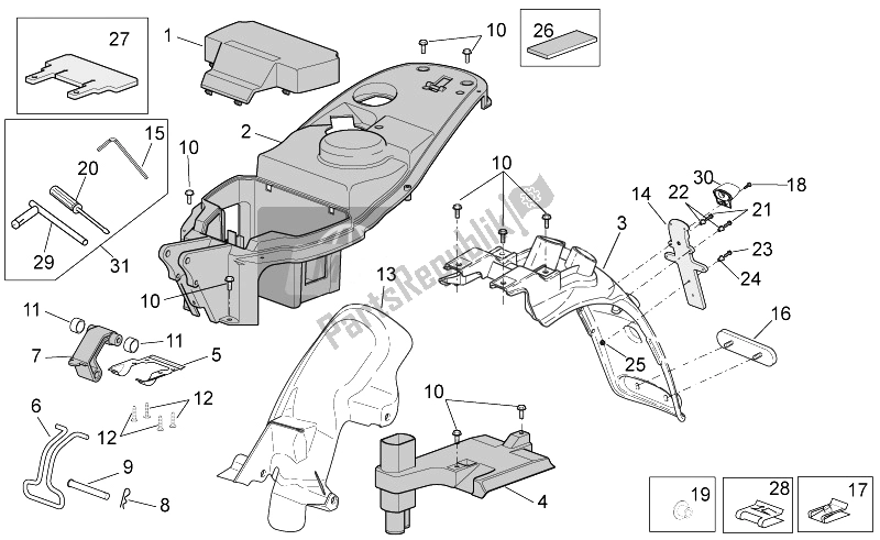 Alle Teile für das Hinterer Körper Ii des Aprilia Scarabeo 100 4T E3 2014
