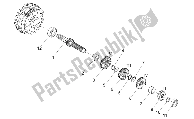 All parts for the Primary Gear Shaft of the Aprilia RXV 450 550 2009