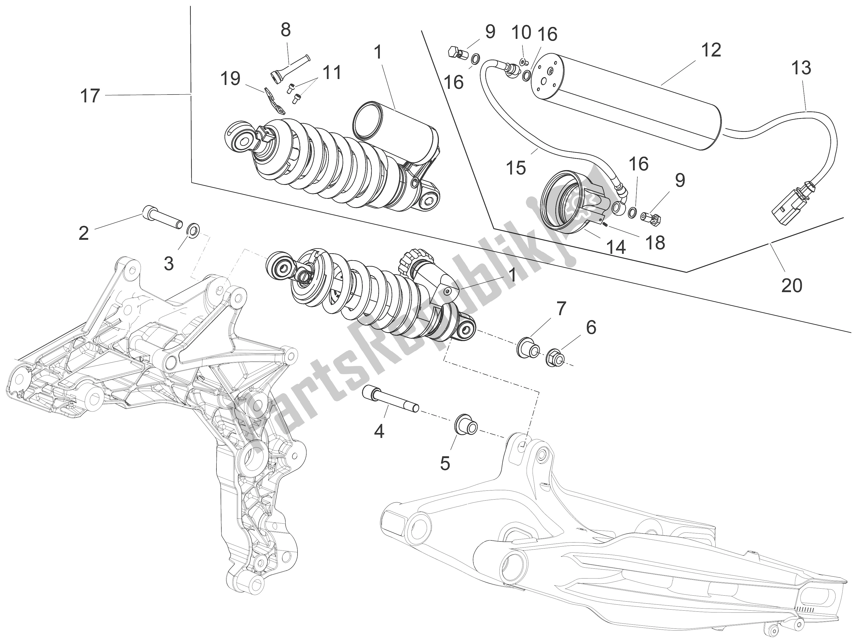 Alle onderdelen voor de Schokdemper van de Aprilia Caponord 1200 USA 2015