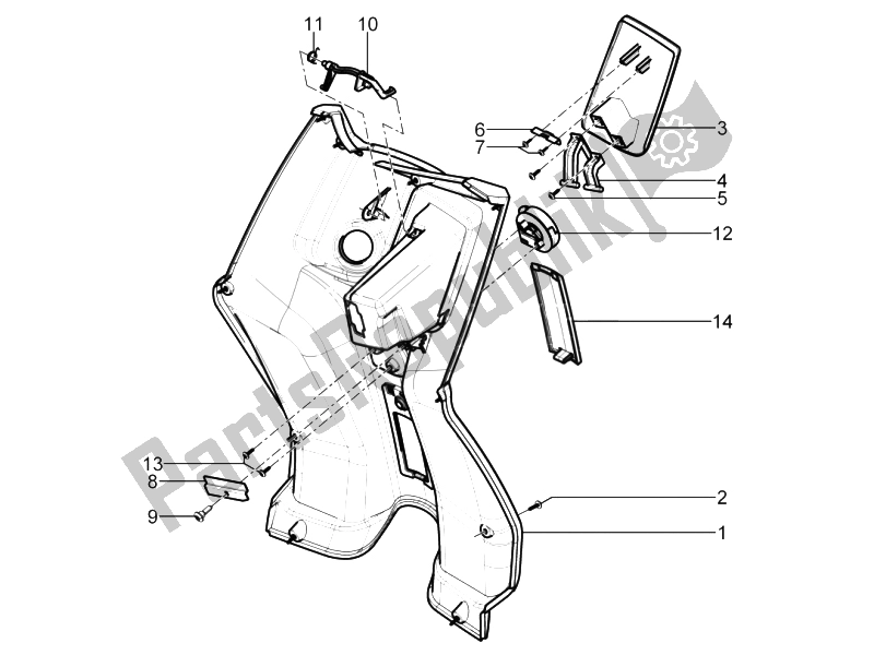 All parts for the Front Glove-box - Knee-guard Panel of the Aprilia SR Motard 125 4T E3 2012