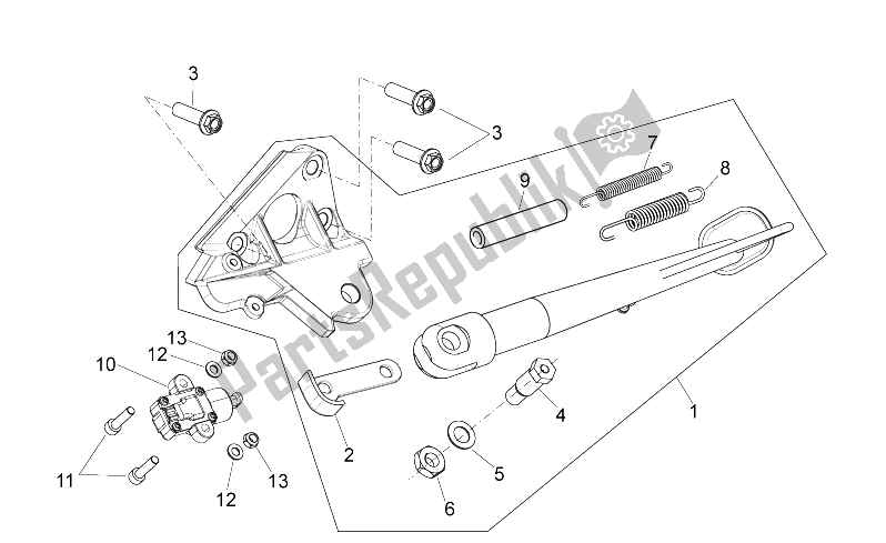 All parts for the Central Stand of the Aprilia Shiver 750 PA 2015