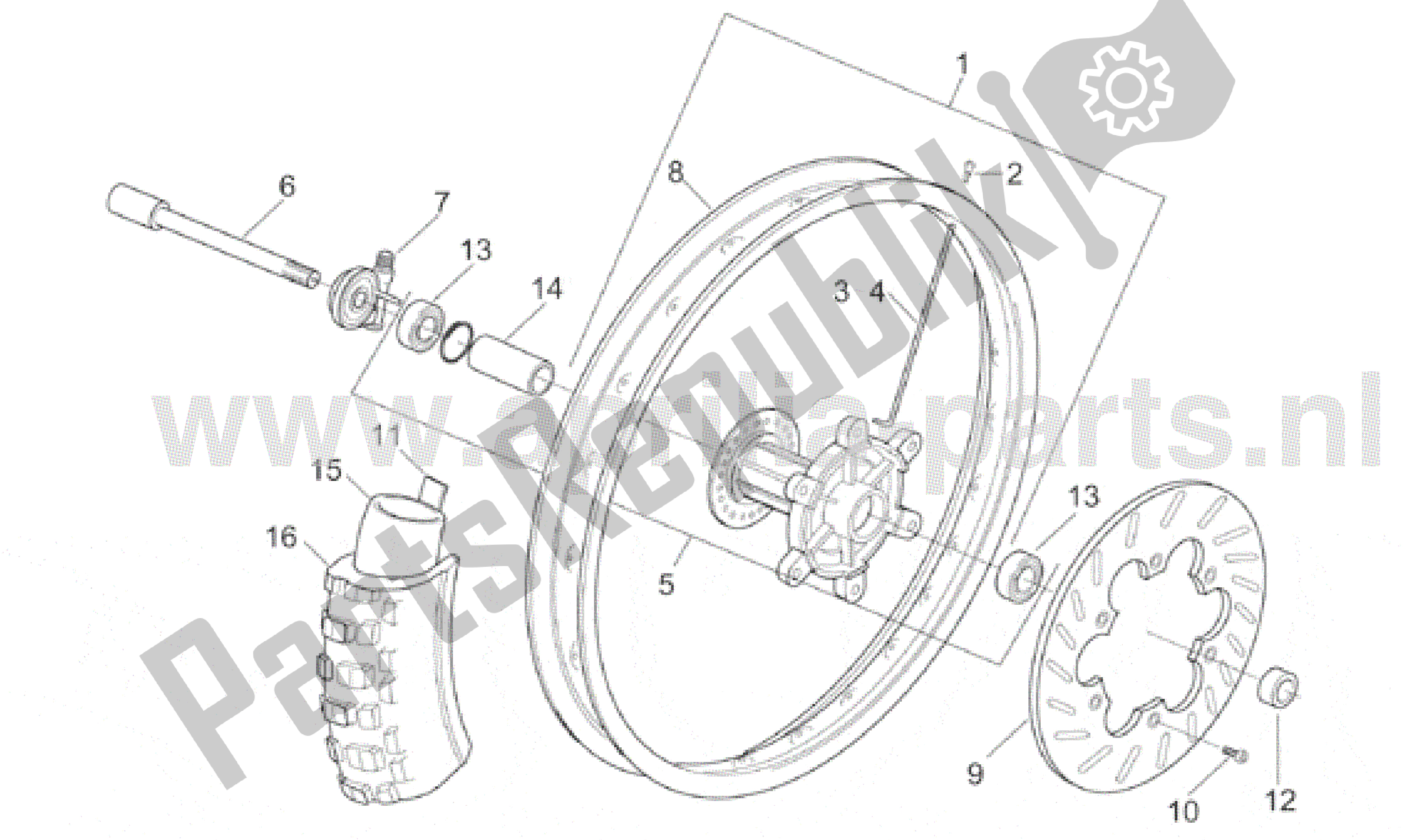 All parts for the Front Wheel of the Aprilia RX 50 1995 - 2000