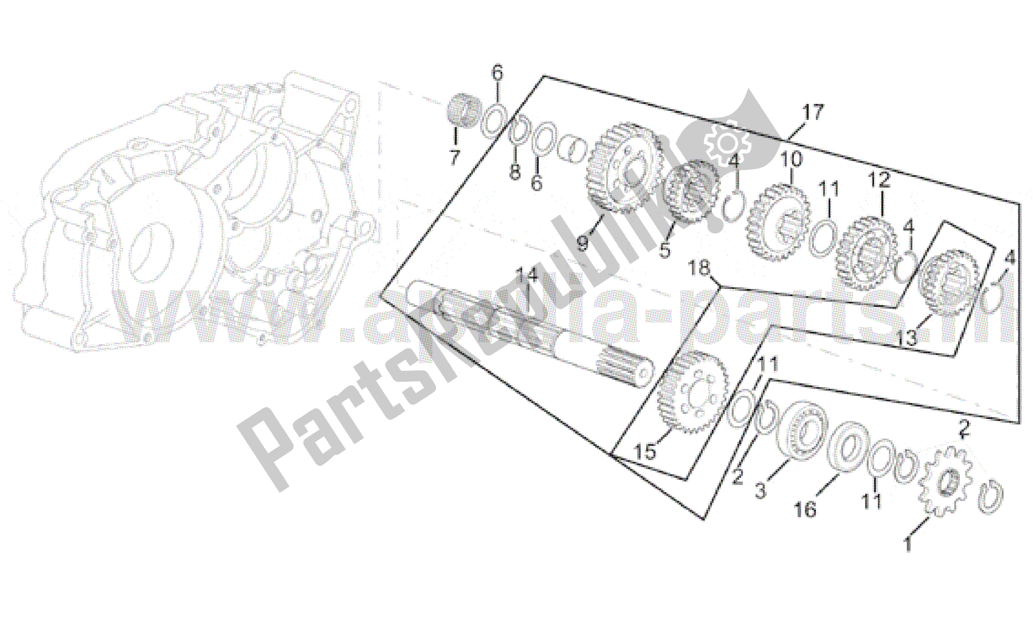 All parts for the Gearbox Driven Shaft I of the Aprilia RX 50 1995 - 2000