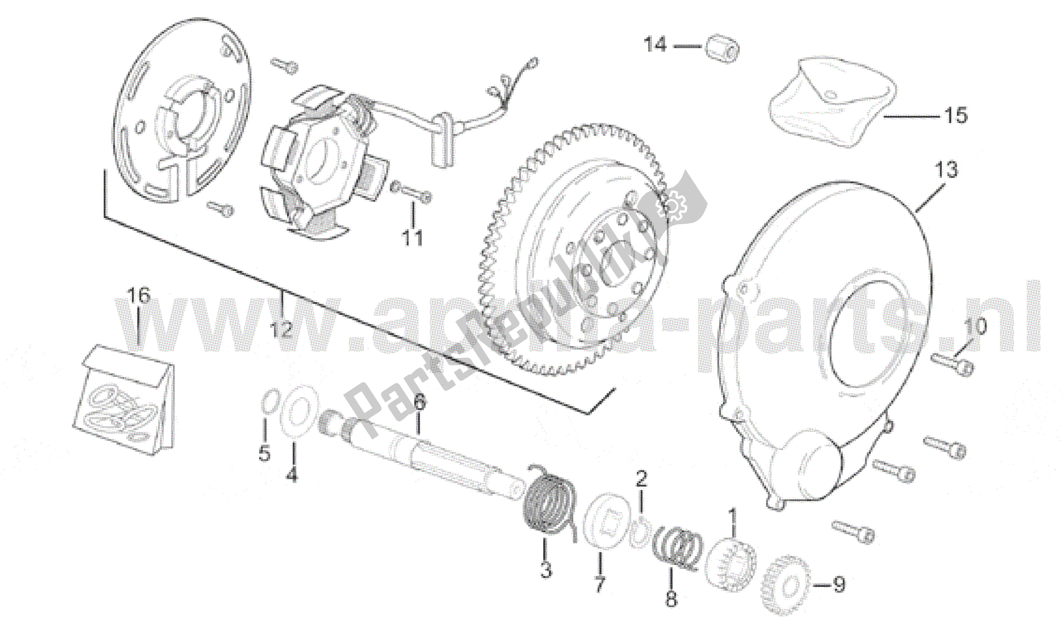 All parts for the Starting Shaft of the Aprilia RX 50 1995 - 2000