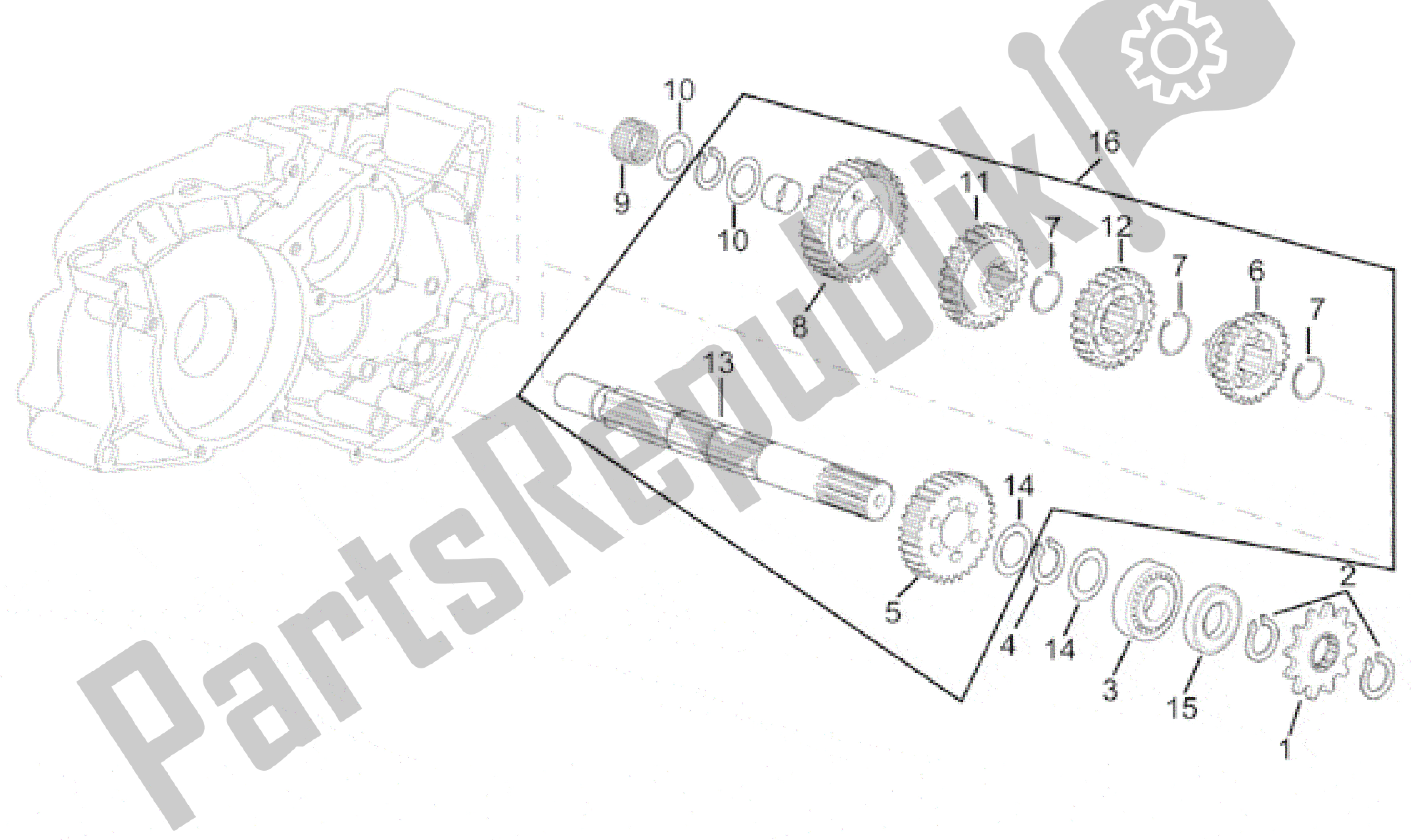 Alle onderdelen voor de Aangedreven As 5 Versnellingen van de Aprilia RX 50 1995 - 2000