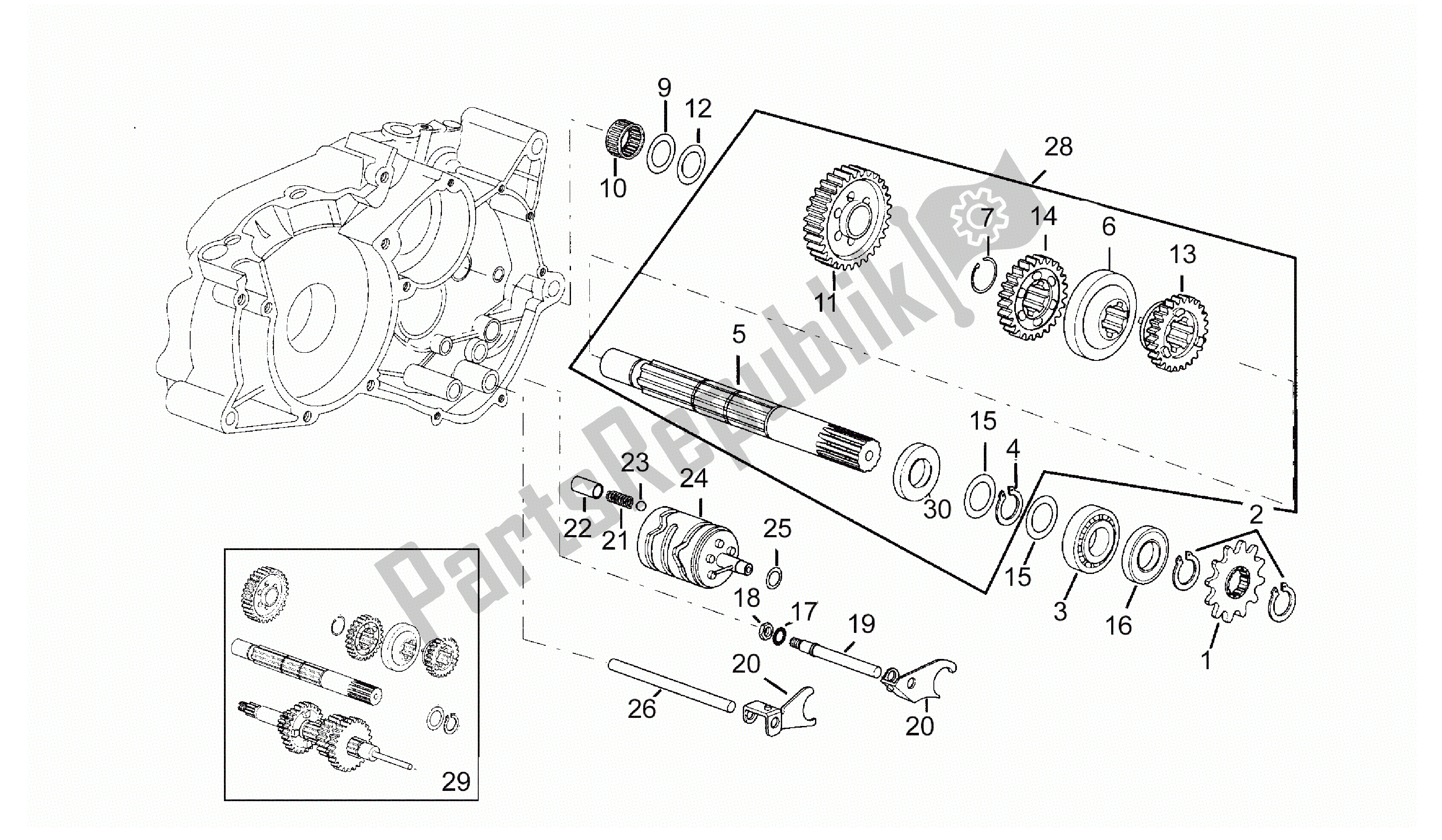 All parts for the Driven Shaft of the Aprilia RX 50 1995 - 2000