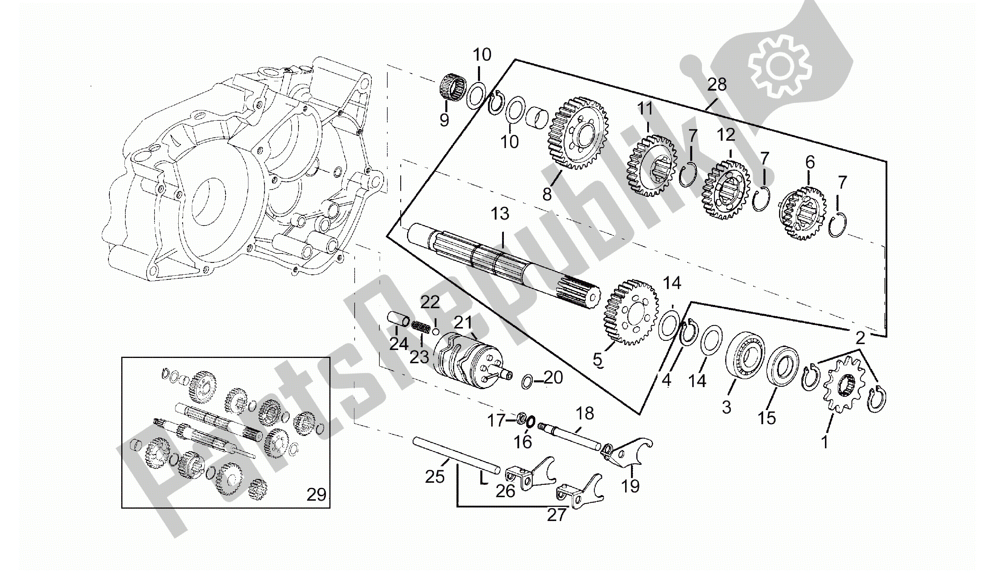 All parts for the Driven Shaft 5 Speed Gearbox of the Aprilia RX 50 1995 - 2000