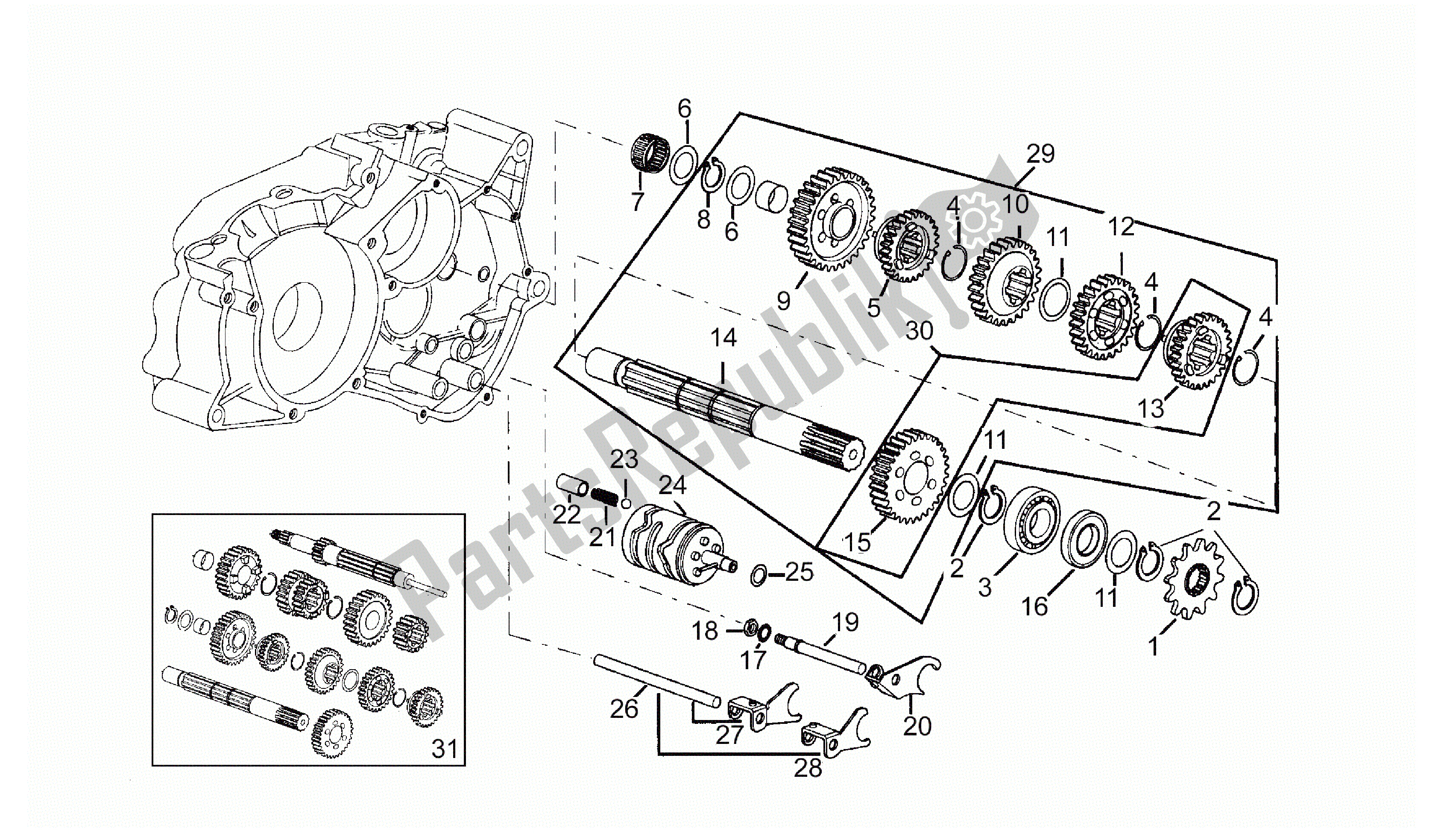 All parts for the Driven Shaft - 6 Gears of the Aprilia RX 50 1995 - 2000
