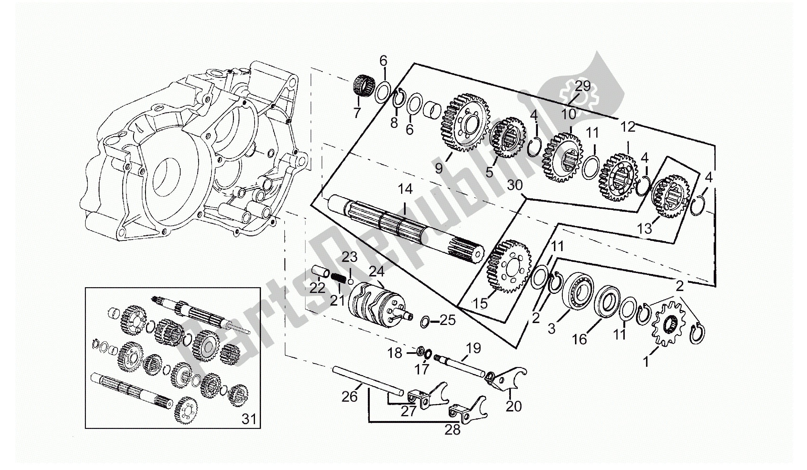 Todas las partes para Eje Impulsado - 6 Engranajes de Aprilia RX 50 1995 - 2000