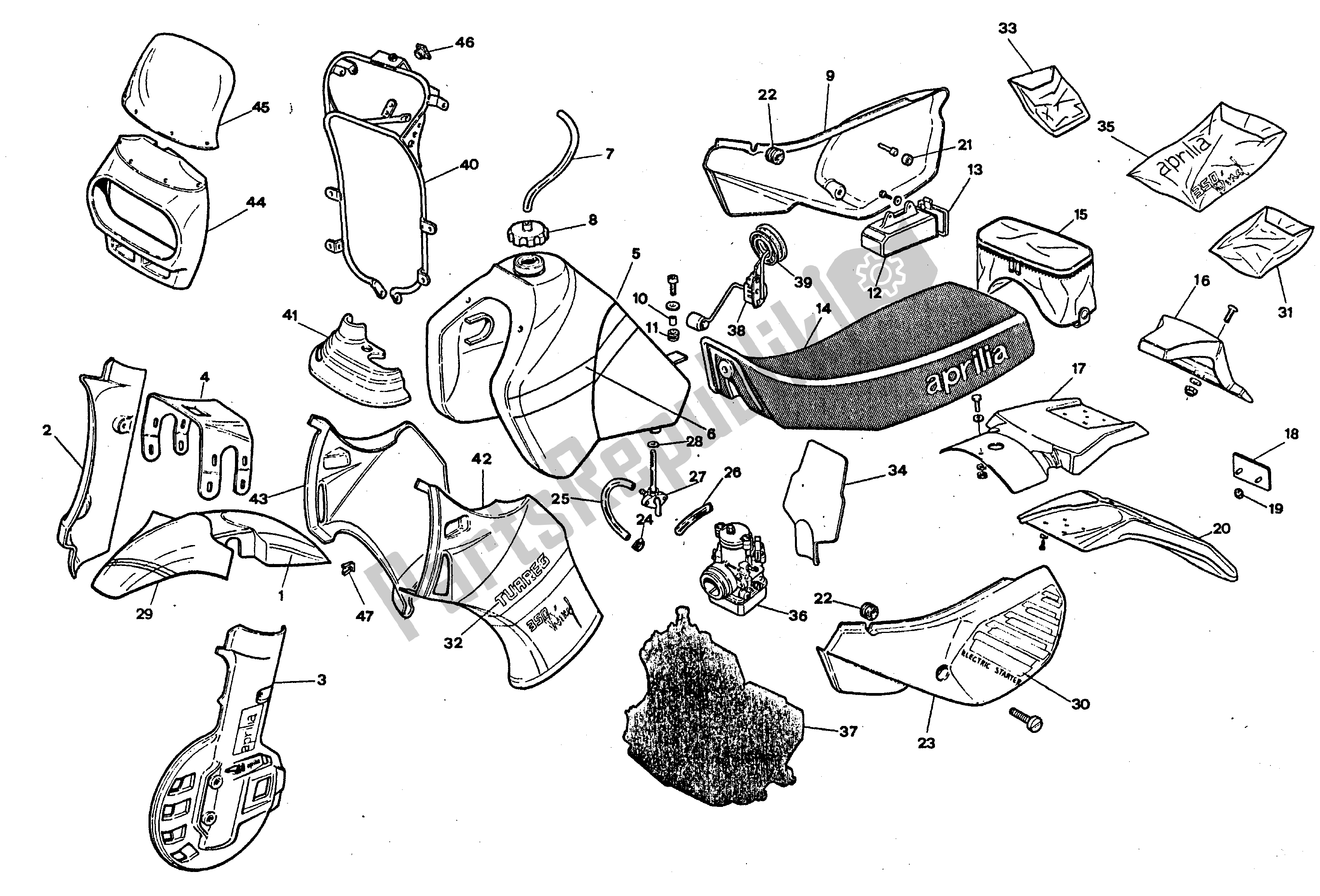 All parts for the Body of the Aprilia Tuareg 350 1986 - 1988