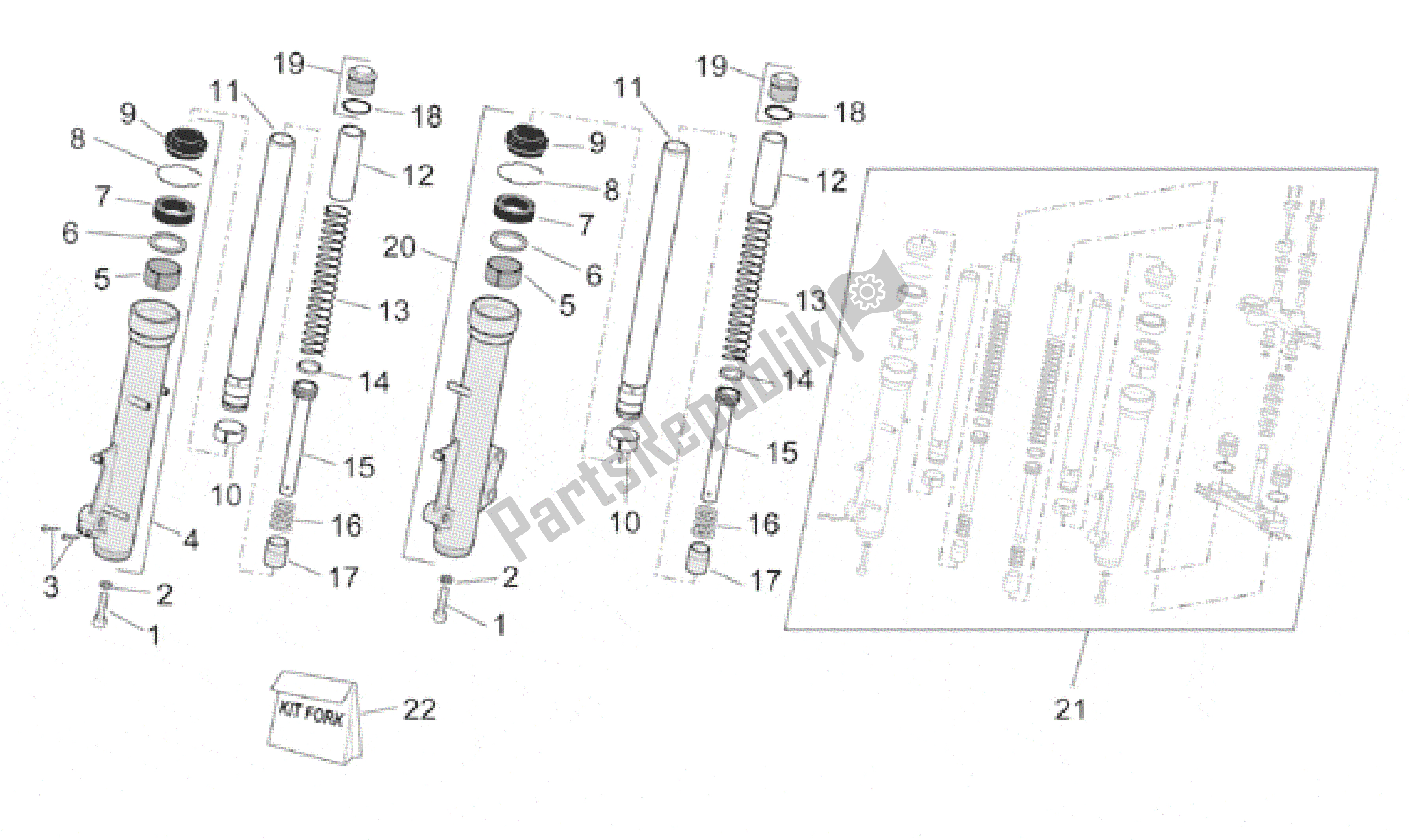 Alle onderdelen voor de Voorvork van de Aprilia Pegaso 650 1997 - 2000