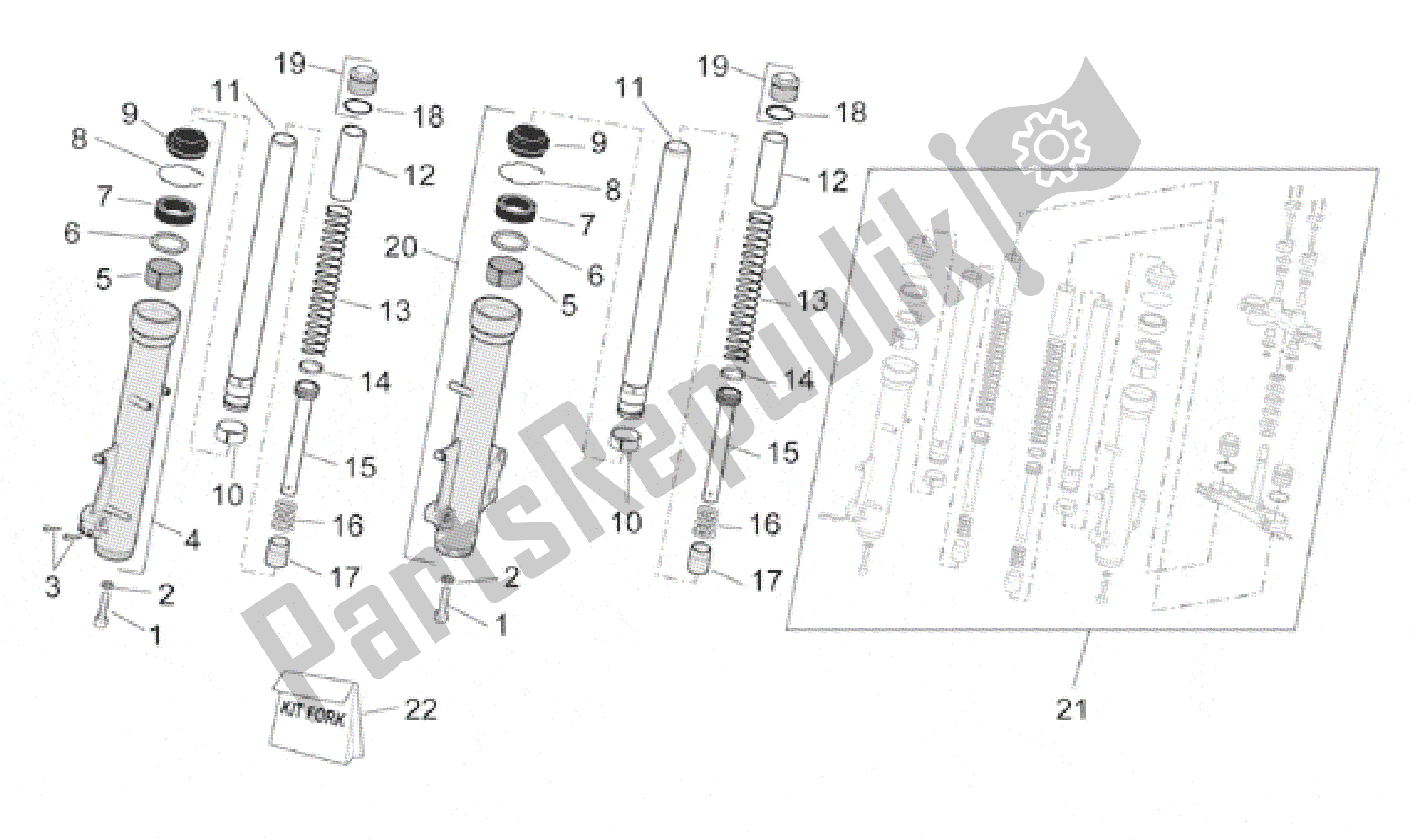 All parts for the Front Fork of the Aprilia Pegaso 650 2001