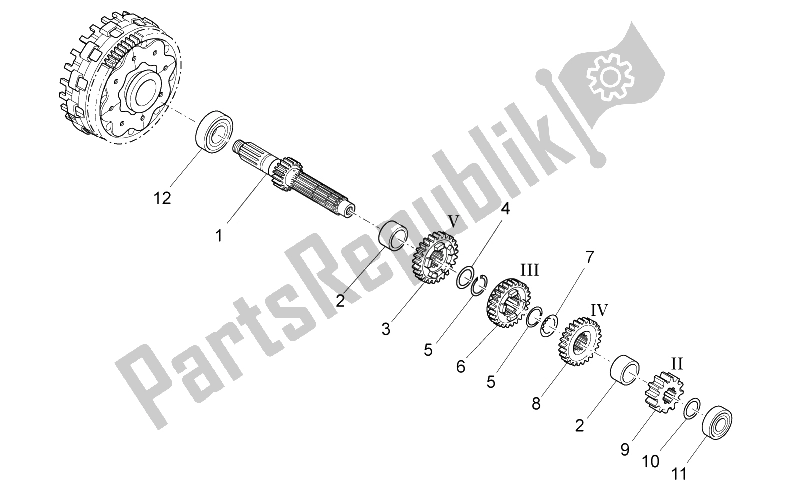 All parts for the Primary Gear Shaft of the Aprilia RXV SXV 450 550 Pikes Peak 2009