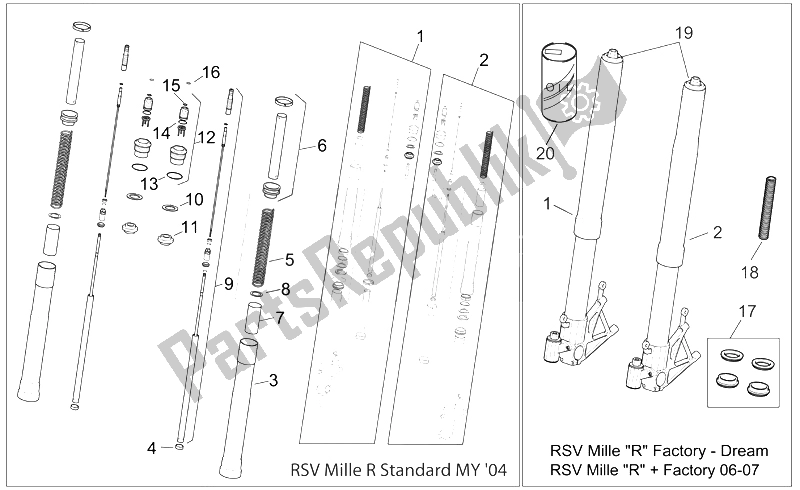 Alle onderdelen voor de Voorvork I van de Aprilia RSV Mille Factory 1000 2004 - 2008