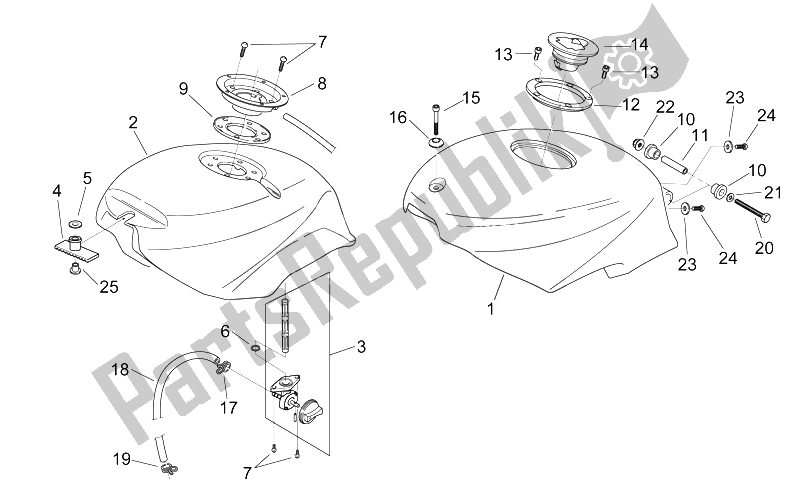 All parts for the Fuel Tank of the Aprilia RS 50 1999