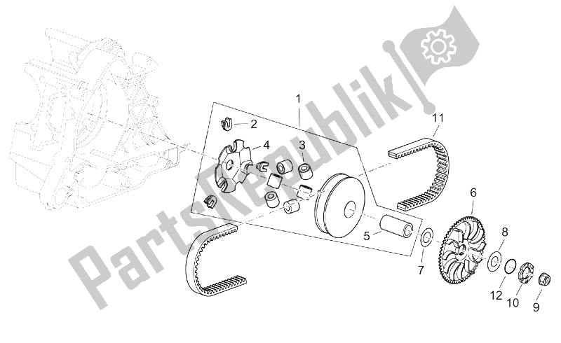 Tutte le parti per il Gruppo Variatore del Aprilia Scarabeo 125 200 E2 ENG Piaggio 2003